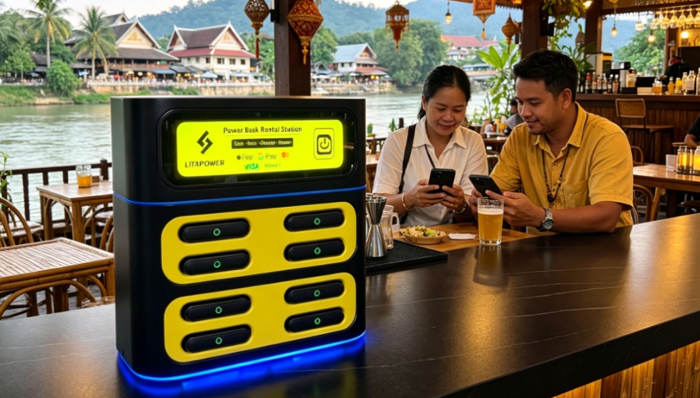 缅甸共享充电宝在旅游场所的酒吧，餐厅布局