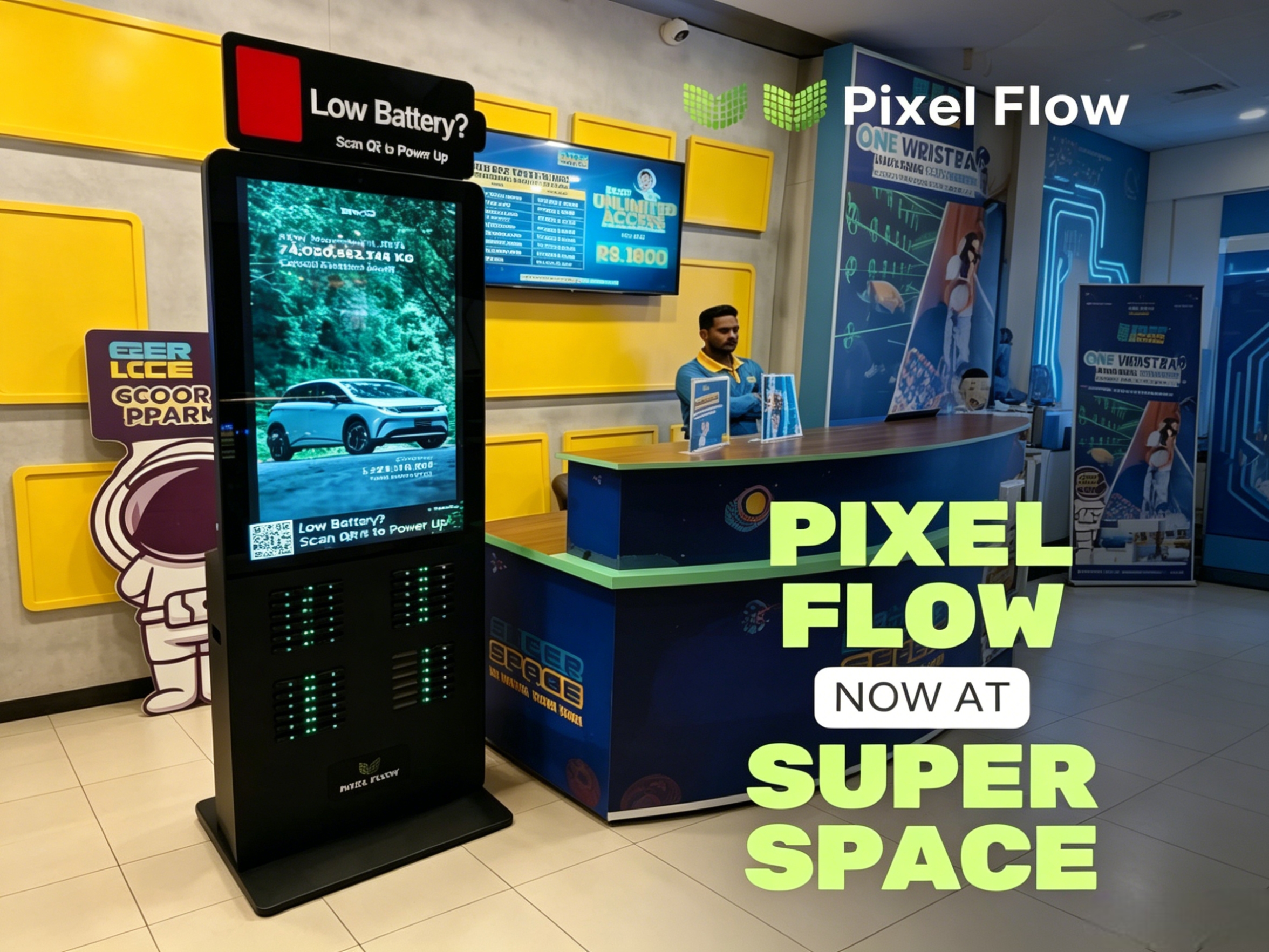 巴基斯坦共享充电宝设备展示，PIXEL FLOW品牌覆盖购物中心、交通枢纽和商业街区